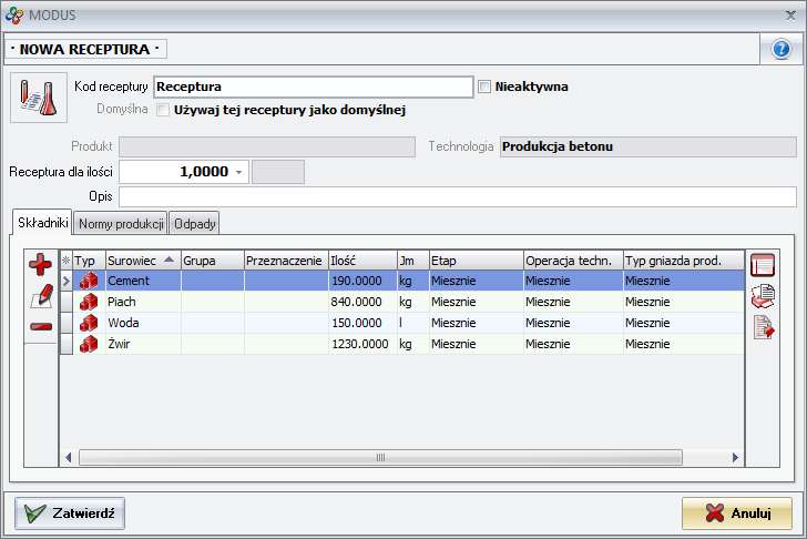 Ekran: Produkcja betonu - definiowanie receptury produktu