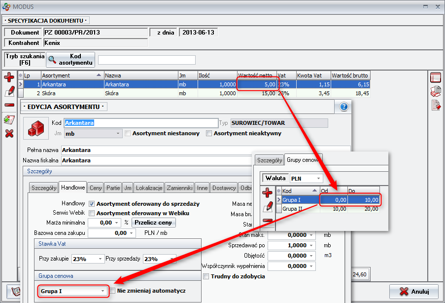 Dokument PZ określający grupę cenową surowca 