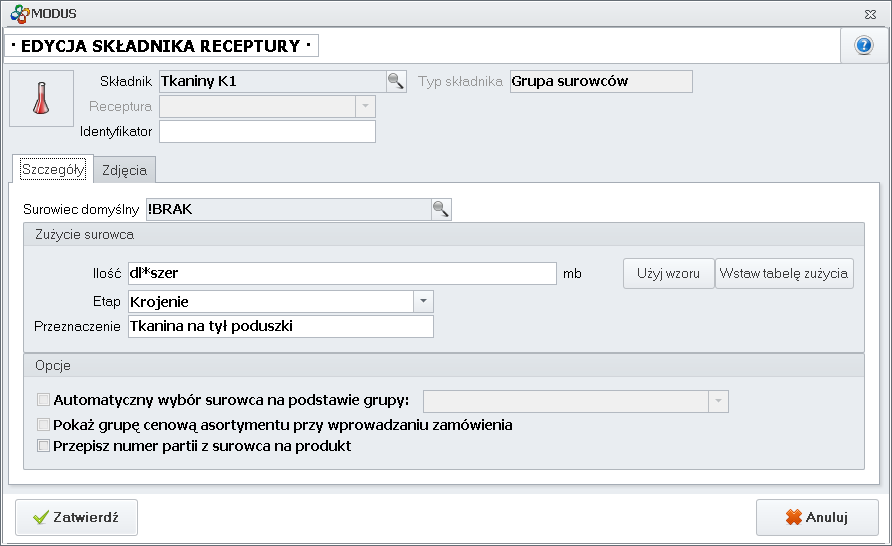 Ekran: Karta - Edycja składnika receptury (produkt definiowalny na etapie zamówienia)