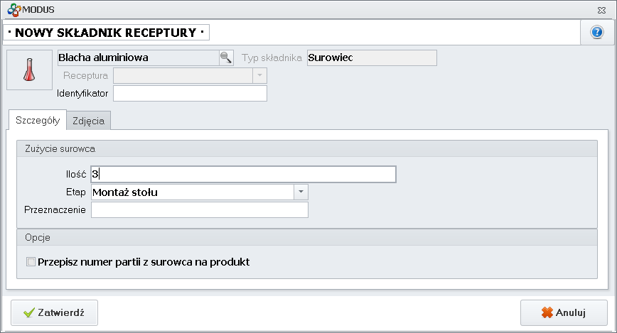 Ekran: Karta - Edycja składnika receptury