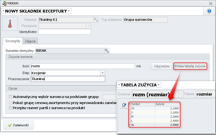 Ekran: Karta tabeli oraz zamówienie produktu z tą tabelą