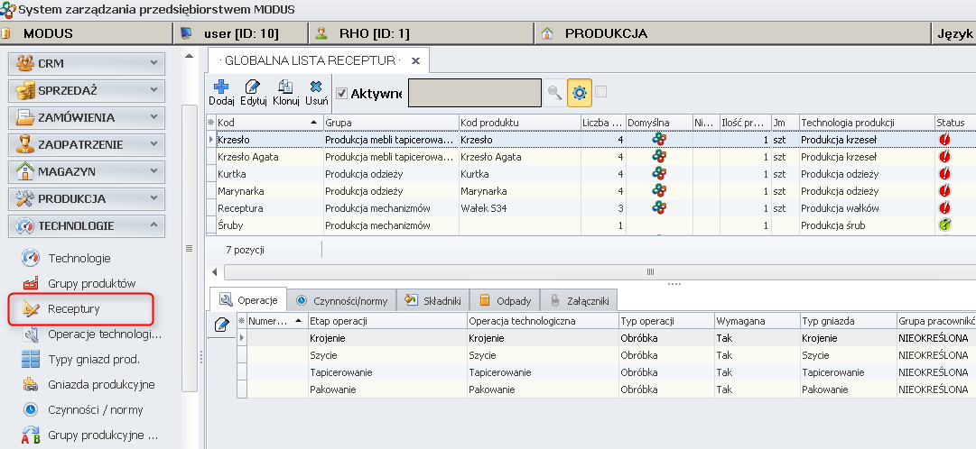 Ekran: Globalna lista receptur