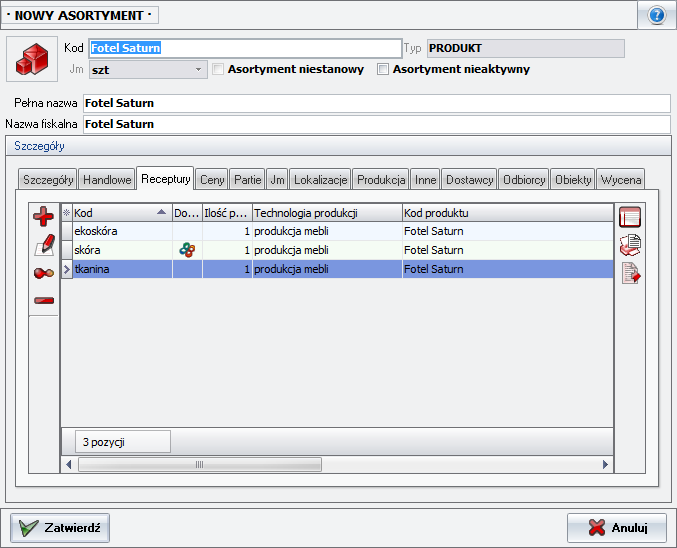 Receptury produktu z wybranej grupy produktów 