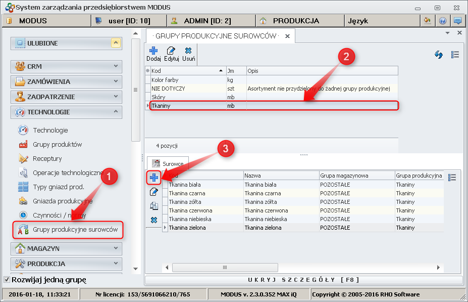 Dodawanie surowca do grupy produkcyjnej surowców
