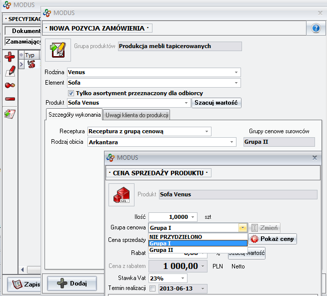 Zamówienie produktu ze zdefiniowanymi grupami cenowymi - z nową ceną zakupu surowca 