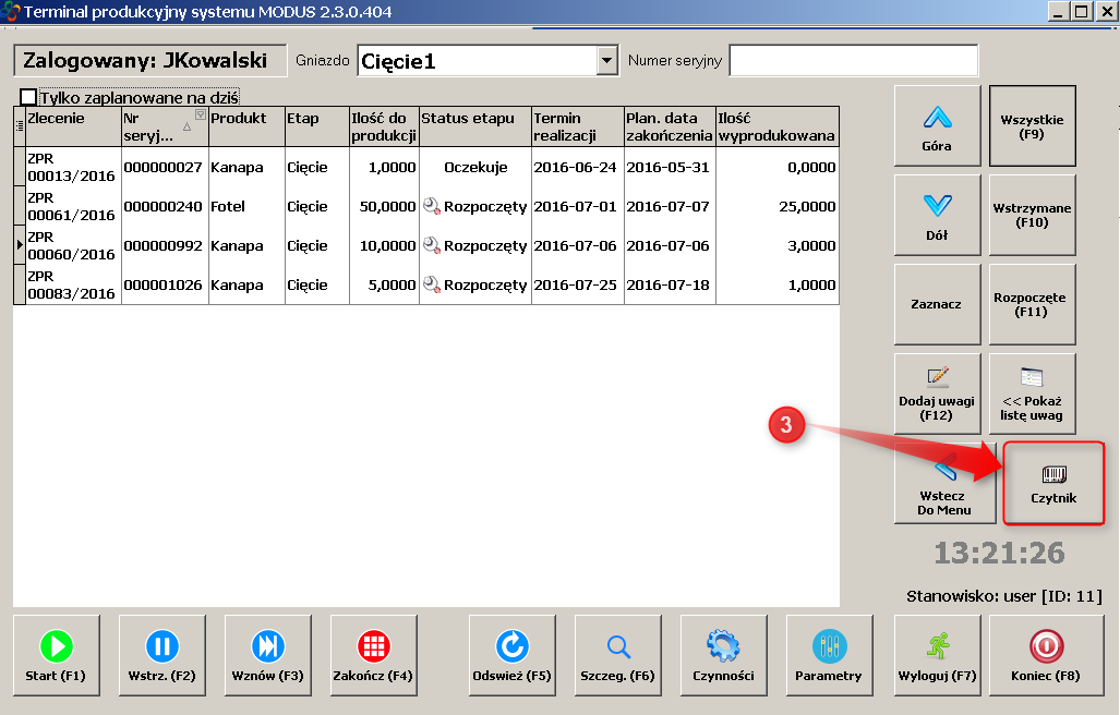 Ekran: Terminal z listą przydzielonych produktów
