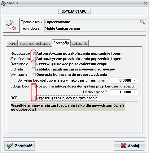 Ekran: Ustawienia etapu technologii produkcji