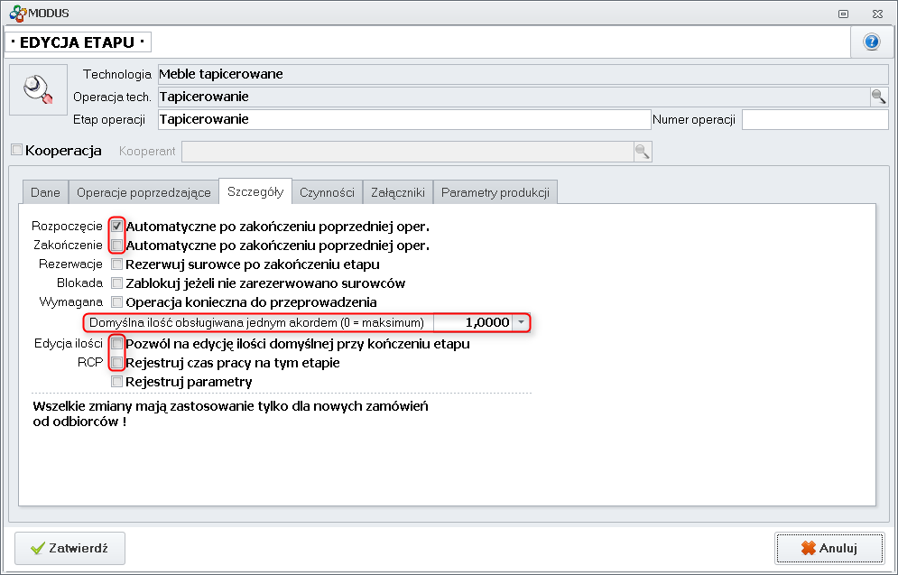 Ekran: Ustawienia etapu technologii produkcji