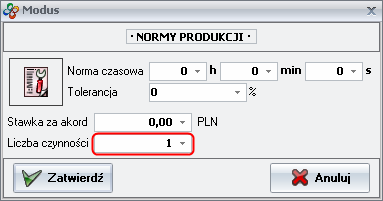 Ekran: Ustawienia norm produkcji w recepturach asortymentu