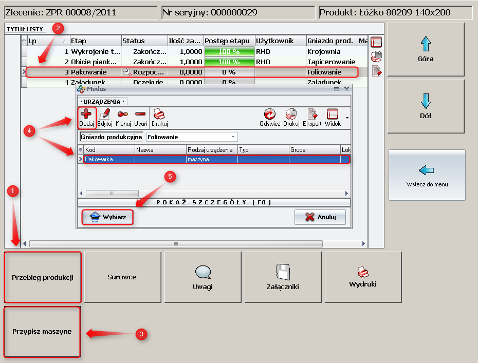 Ekran: Przypisanie maszyny do etapu produkcji 