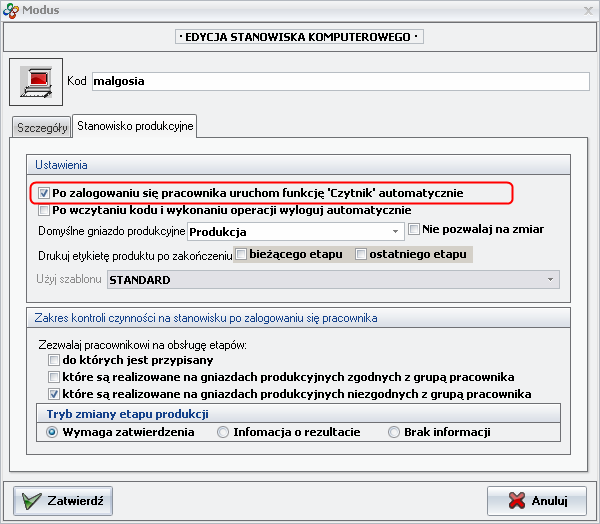 Ekran: Ustawienia stanowiska produkcyjnego
