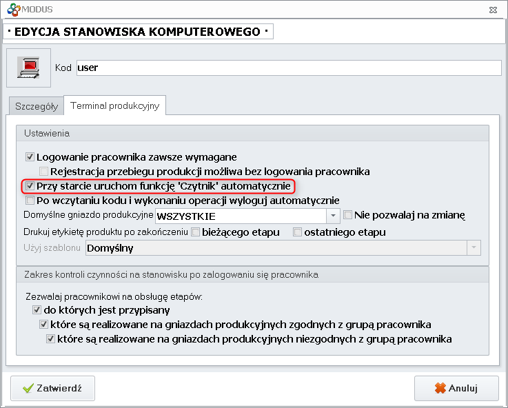 Ekran: Ustawienia stanowiska produkcyjnego
