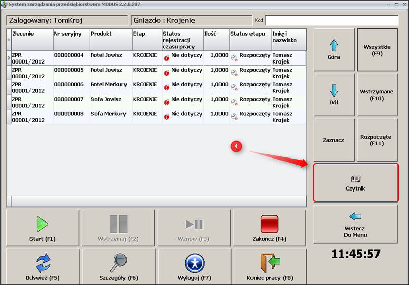 Ekran: Terminal z listą przydzielonych produktów