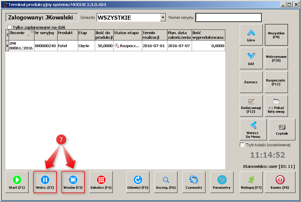 Ekran: Funkcje wstrzymaj/wznów