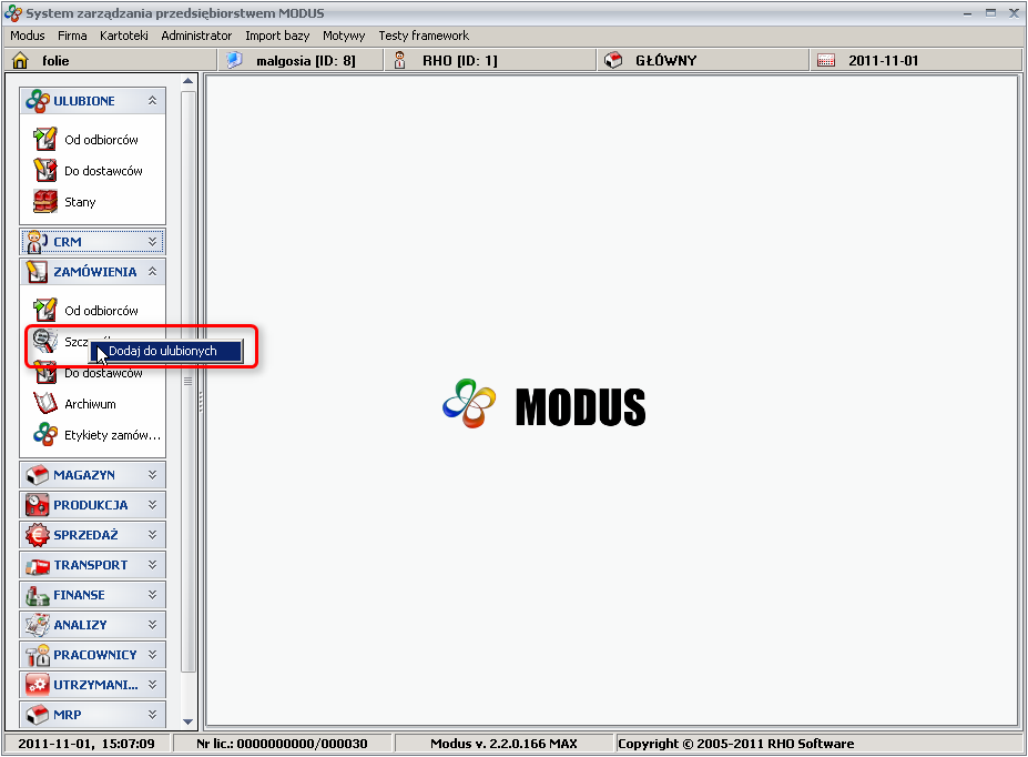 Ekran: Dodawanie podmodułu do grupy ulubione
