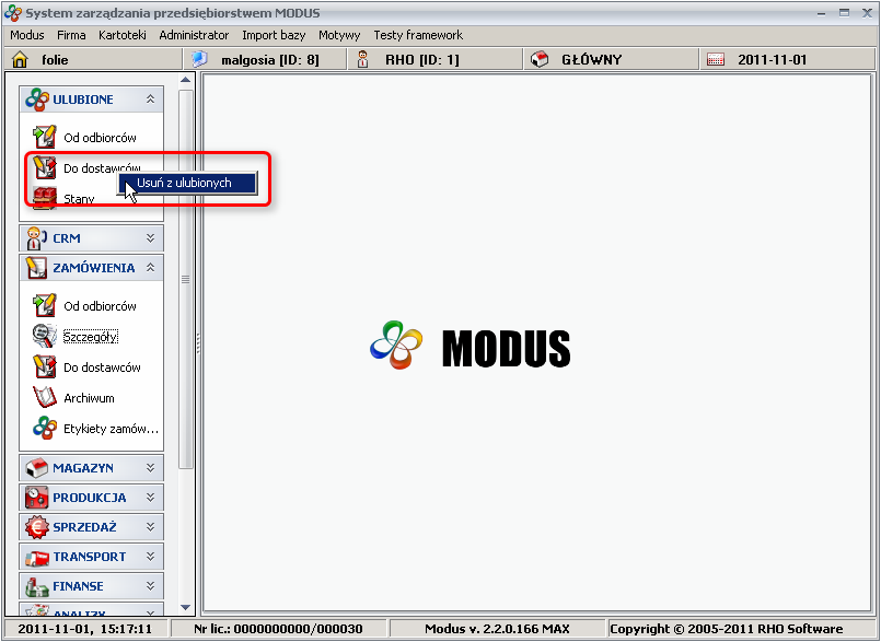 Ekran: Usuwanie podmodułu z grupy ulubione