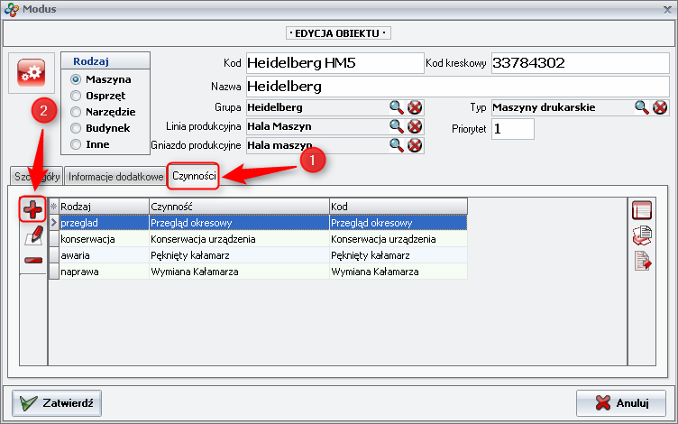 Ekran: Dodanie czynności z poziomu karty obiektu