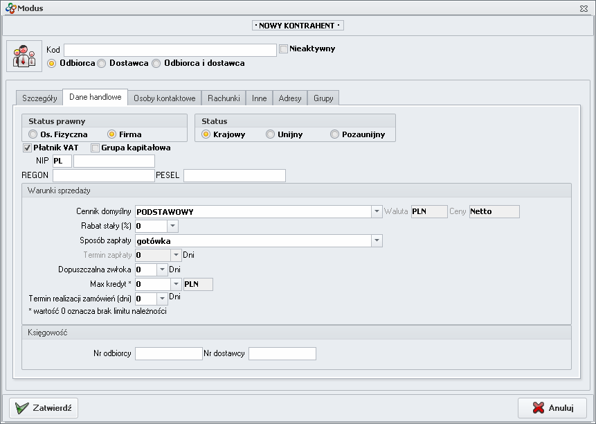 Ekran: Dane handlowe