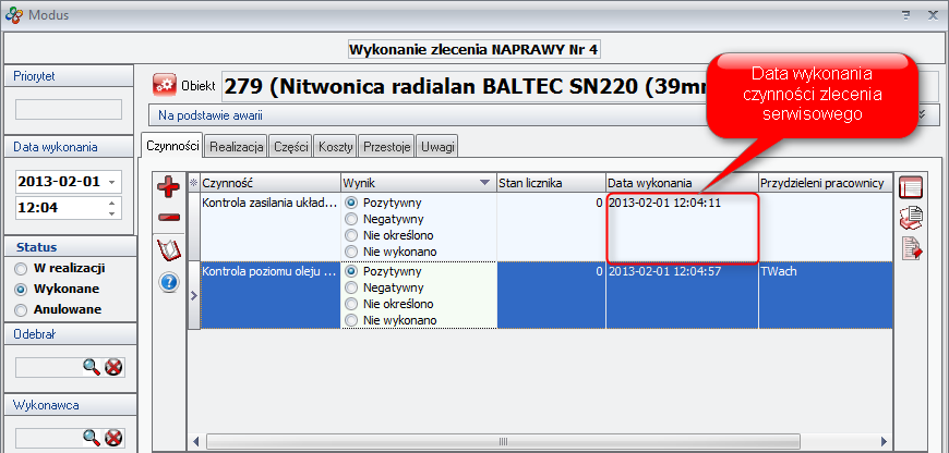 Ekran: Data wykonania czynności zlecenia serwisowego 