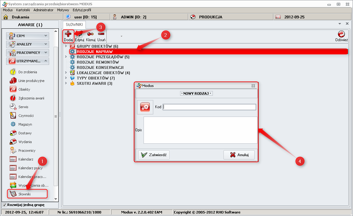 Ekran: Dodawanie nowego rodzaju naprawy do drzewka słowników