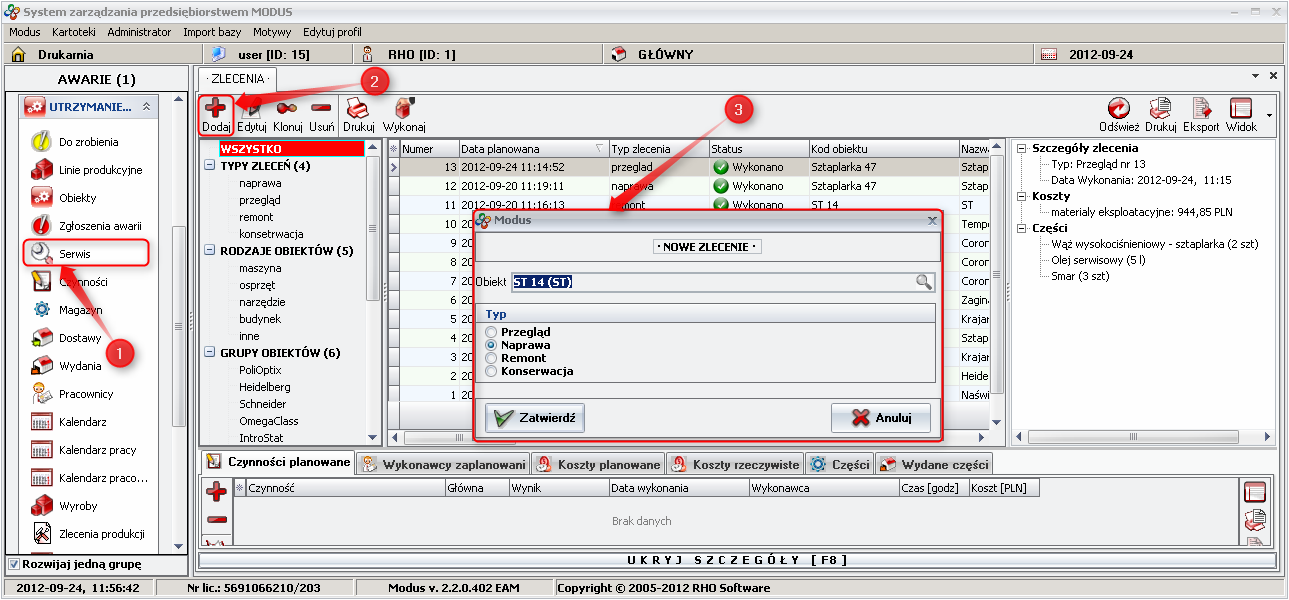 Generowanie zlecenia serwisowego