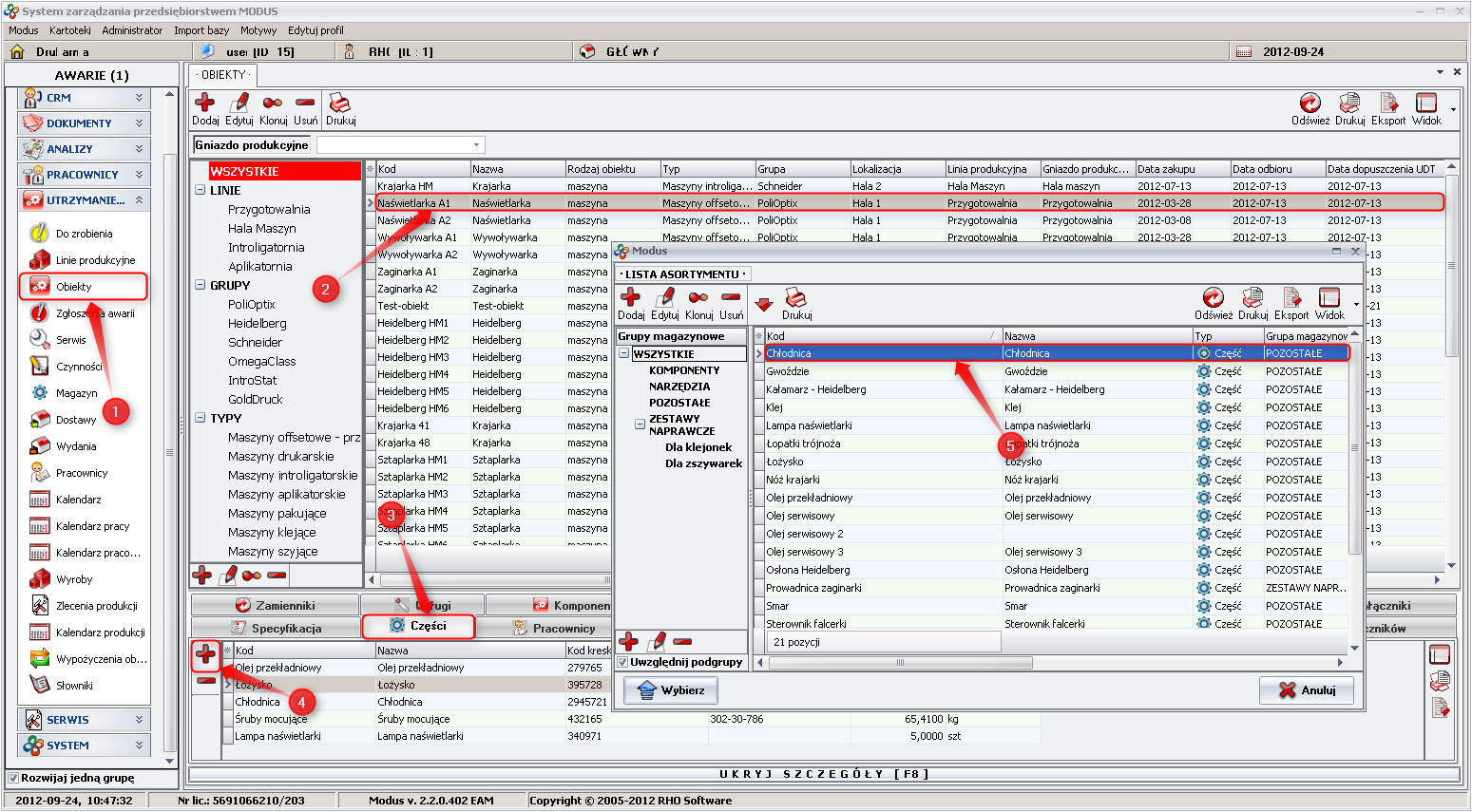 Ekran: Definiowanie materiałów eksploatacyjnych obiektu