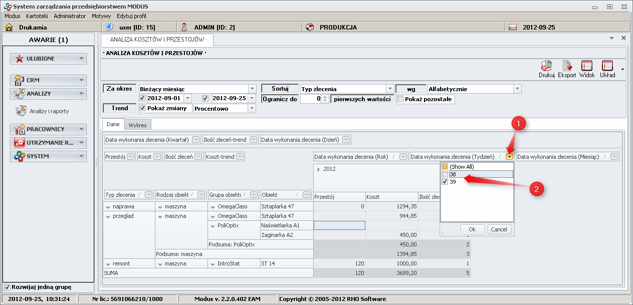 Ekran: Filtrowanie analizy  