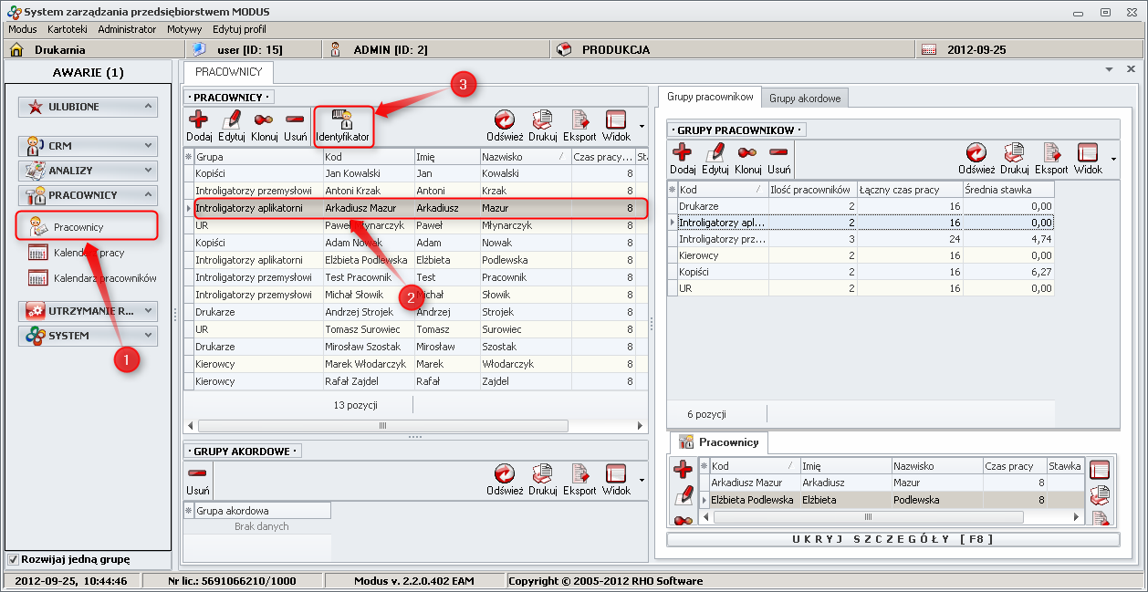 Ekran: Drukowanie identyfikatora pracownika 