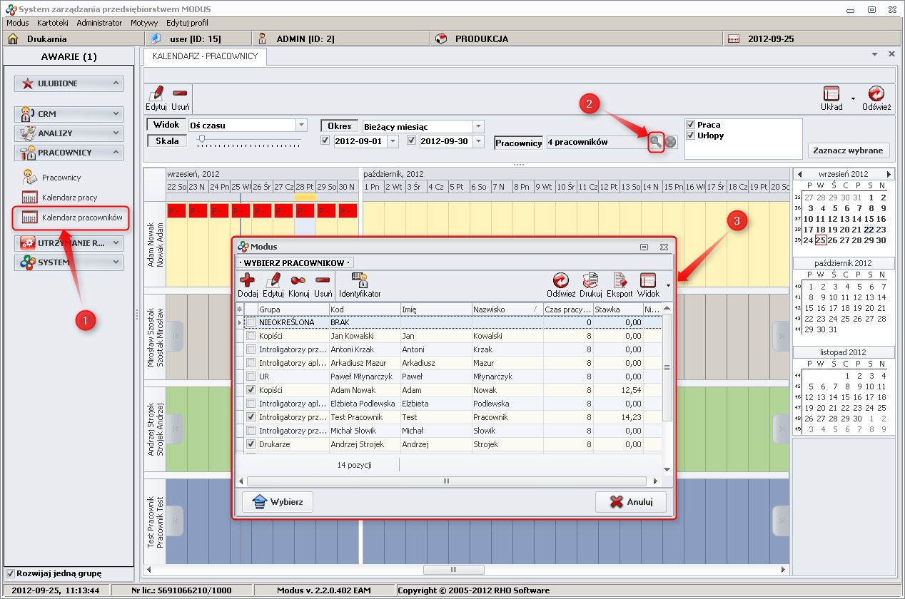 Ekran: Wyświetlanie harmonogramu wybranych pracowników