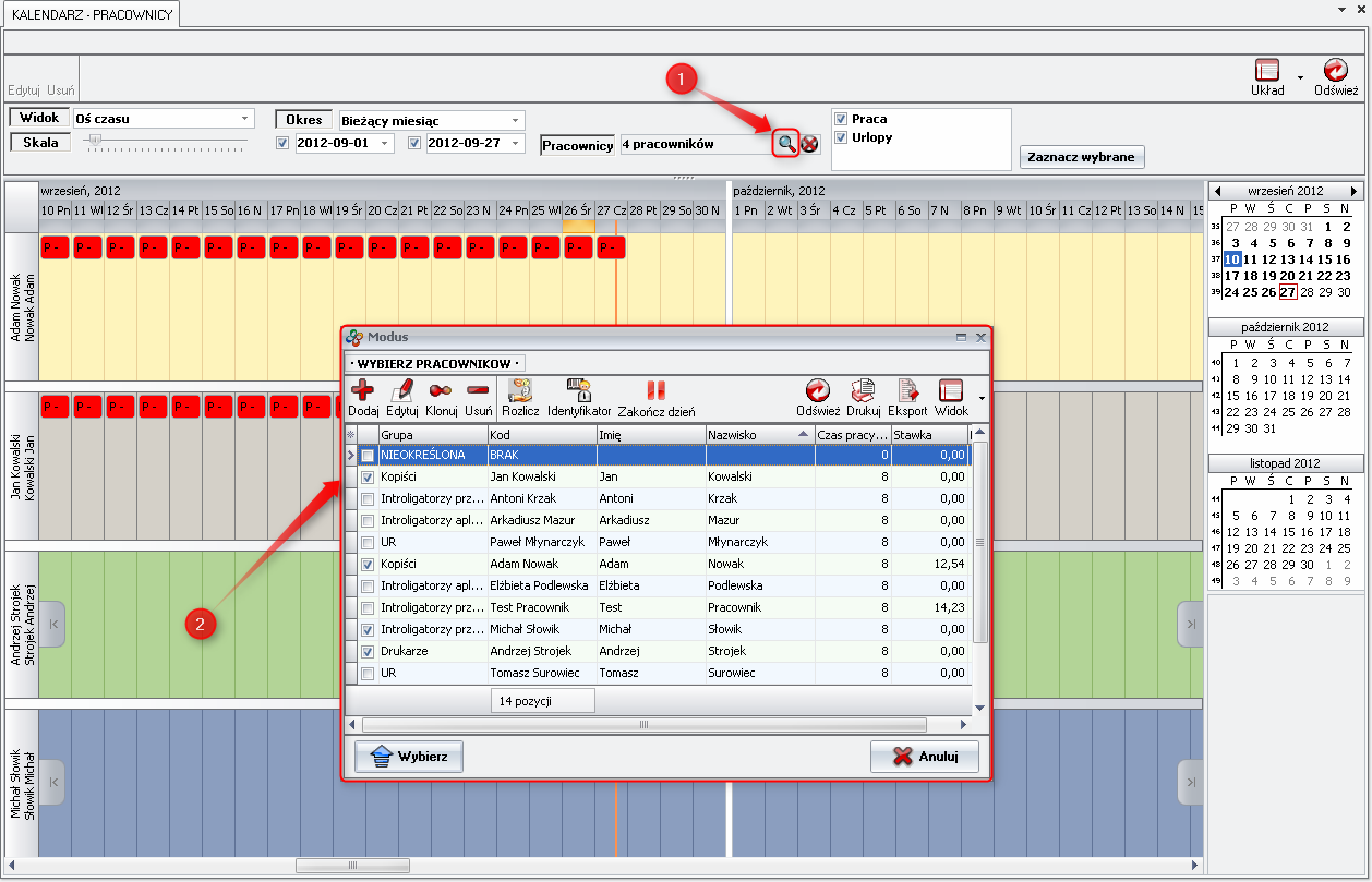 Ekran: Wyświetlanie harmonogramu wybranych pracowników