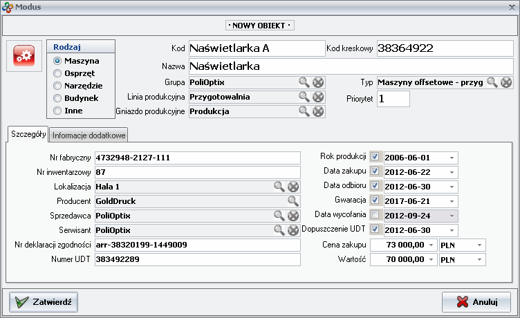 Ekran: Karta - Nowy obiekt (Szczegóły)