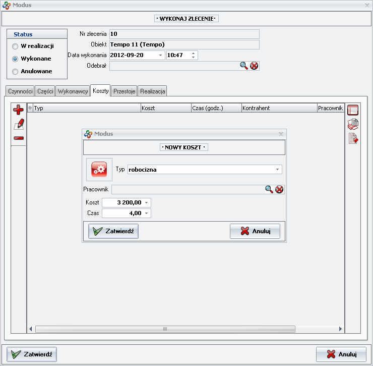 Ekran: Wprowadzanie kosztów i przestojów  