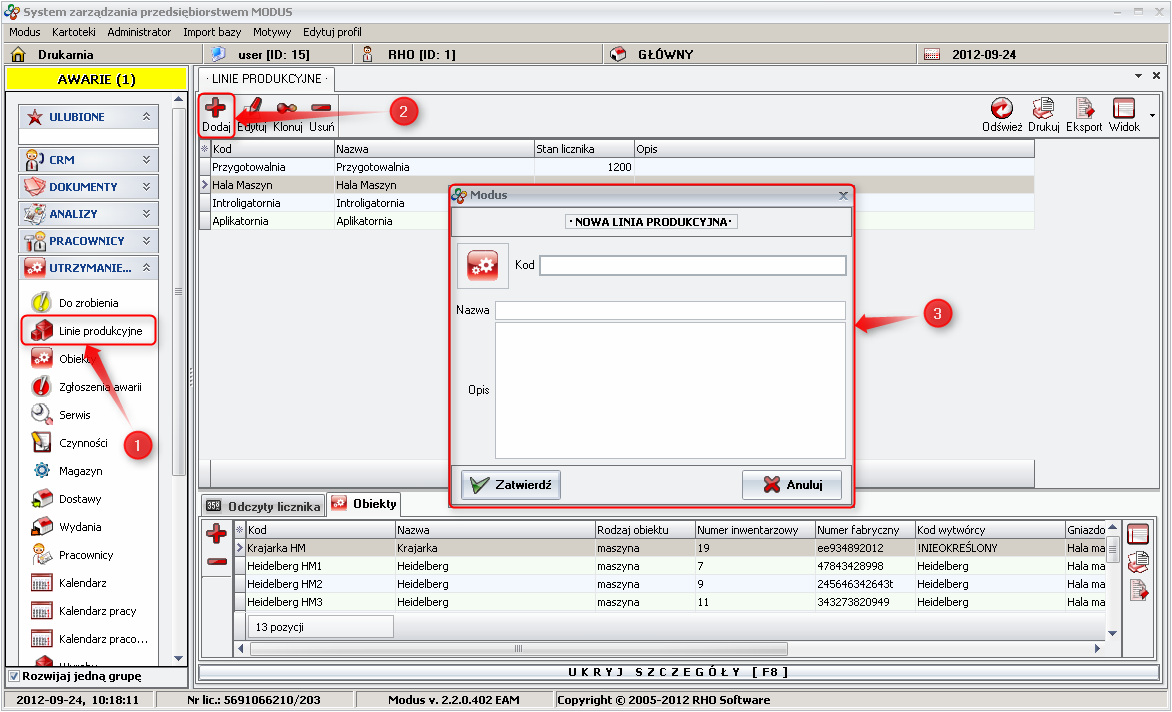 Ekran: Dodawanie linii