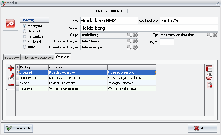 Ekran: Karta - Nowy obiekt (Czynności)
