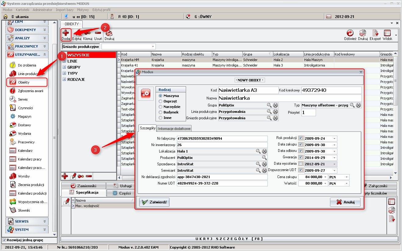 Ekran: Dodawanie nowego obiektu