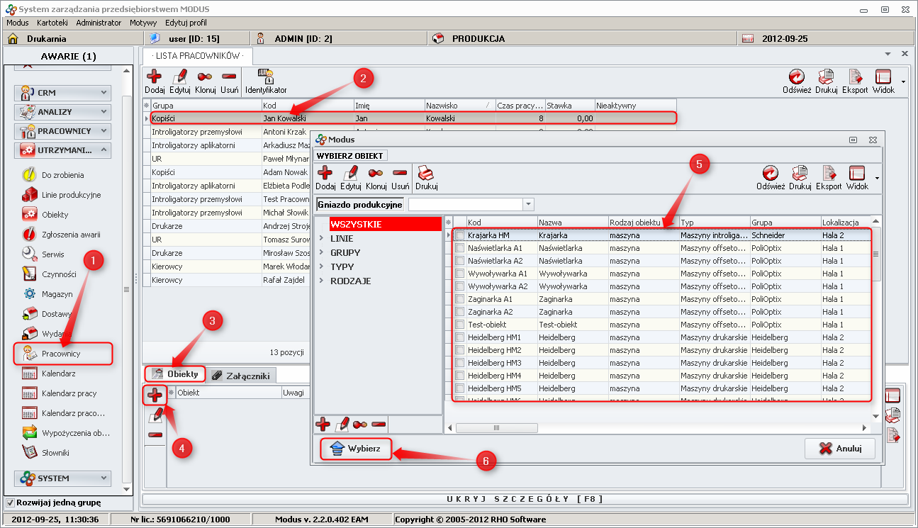 Ekran: Przypisanie obiektów do pracownika