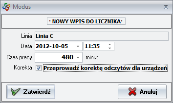 Ekran: Nowy wpis licznika linii produkcyjnej