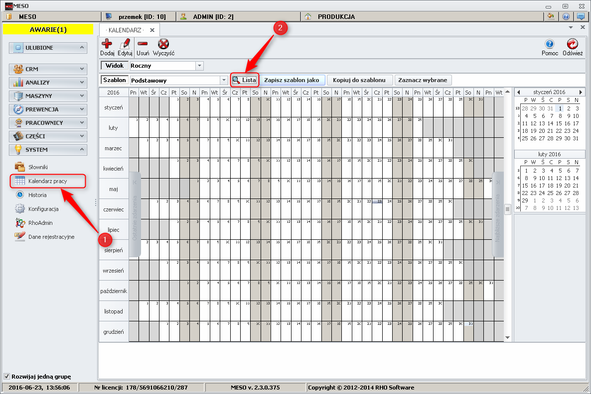 Ekran: Kalendarz pracy 