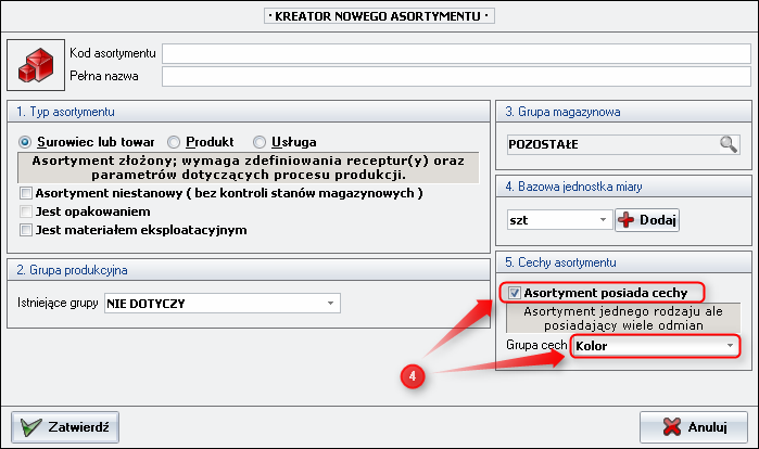 Ekran: Tworzenie asortymentu z cechami  