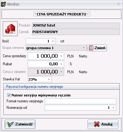 Cena sprzedaży produktu - produkt