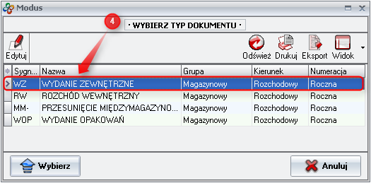 Ekran: Wybór typu dokumentu wydania