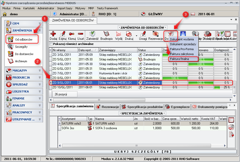 Ekran: Wystawianie faktury końcowej