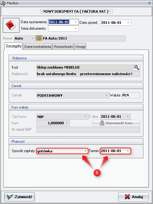 Ekran: Nowy dokument FA 