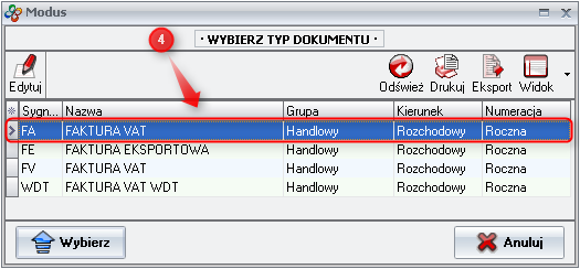Ekran: Wybór typu dokumentu 