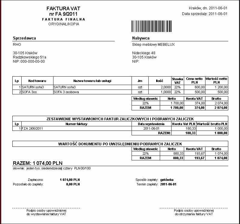 Ekran: Wydruk faktury końcowej uwzględniającej zaliczkę