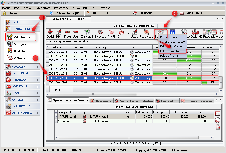 Ekran: Wystawianie faktury zaliczkowej  