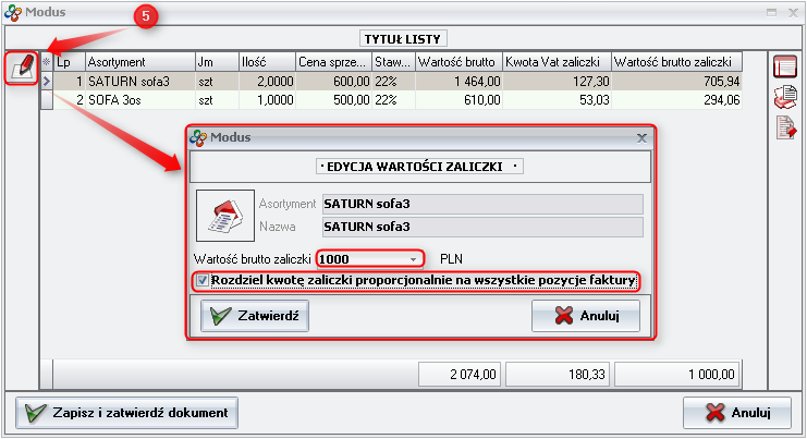 Ekran: Określenie wartości zaliczki 
