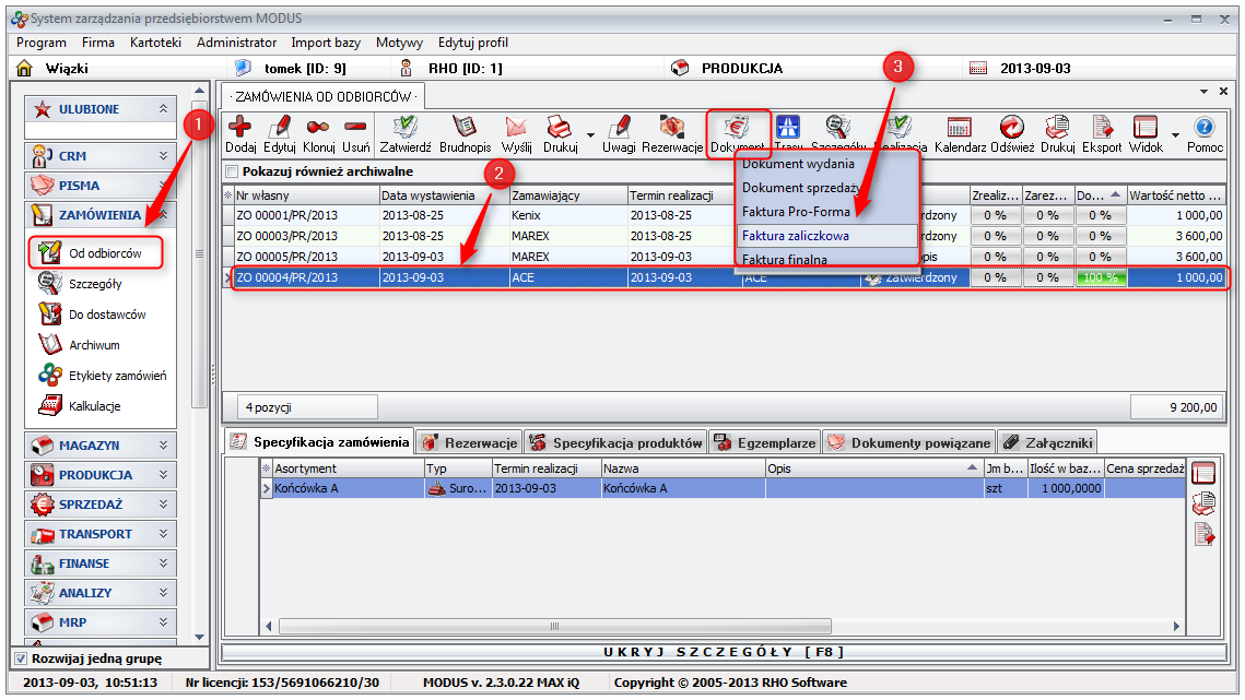 Ekran: Generowanie faktury zaliczkowej 
