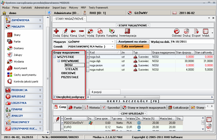 Ekran: Grupy i podgrupy magazynowe