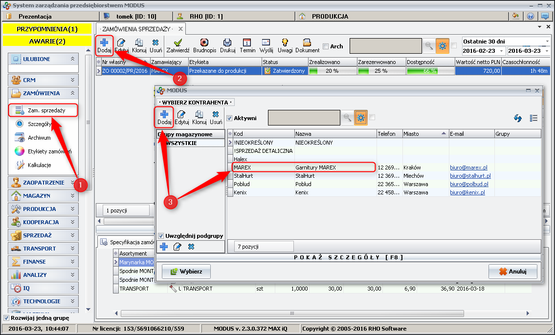 Ekran: Lista zamówień od odbiorców 